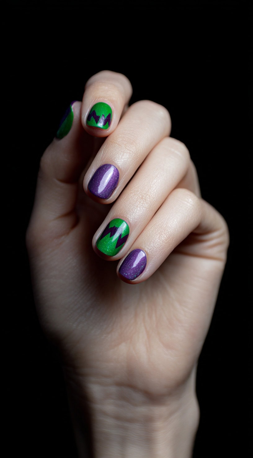 Short rounded nails with alternating green and purple polish and zigzag patterns resembling a cartoon villain vibe.