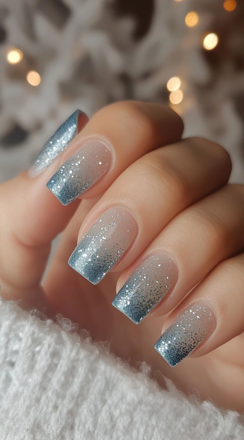 Square nails featuring a subtle ombre fade from sheer base to frosty silver-blue glitter tips.