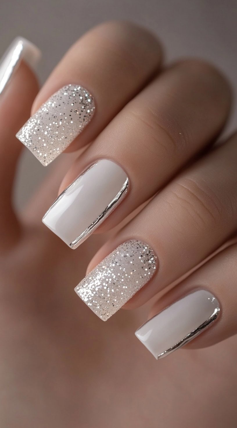 A close-up of square-shaped nails featuring a soft white base with a dense silver glitter gradient effect on the tips, along with metallic silver outlining on select nails.