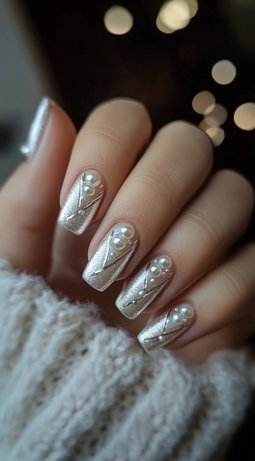 A close-up of square-shaped nails with a metallic silver glitter base, adorned with pearl and rhinestone embellishments.