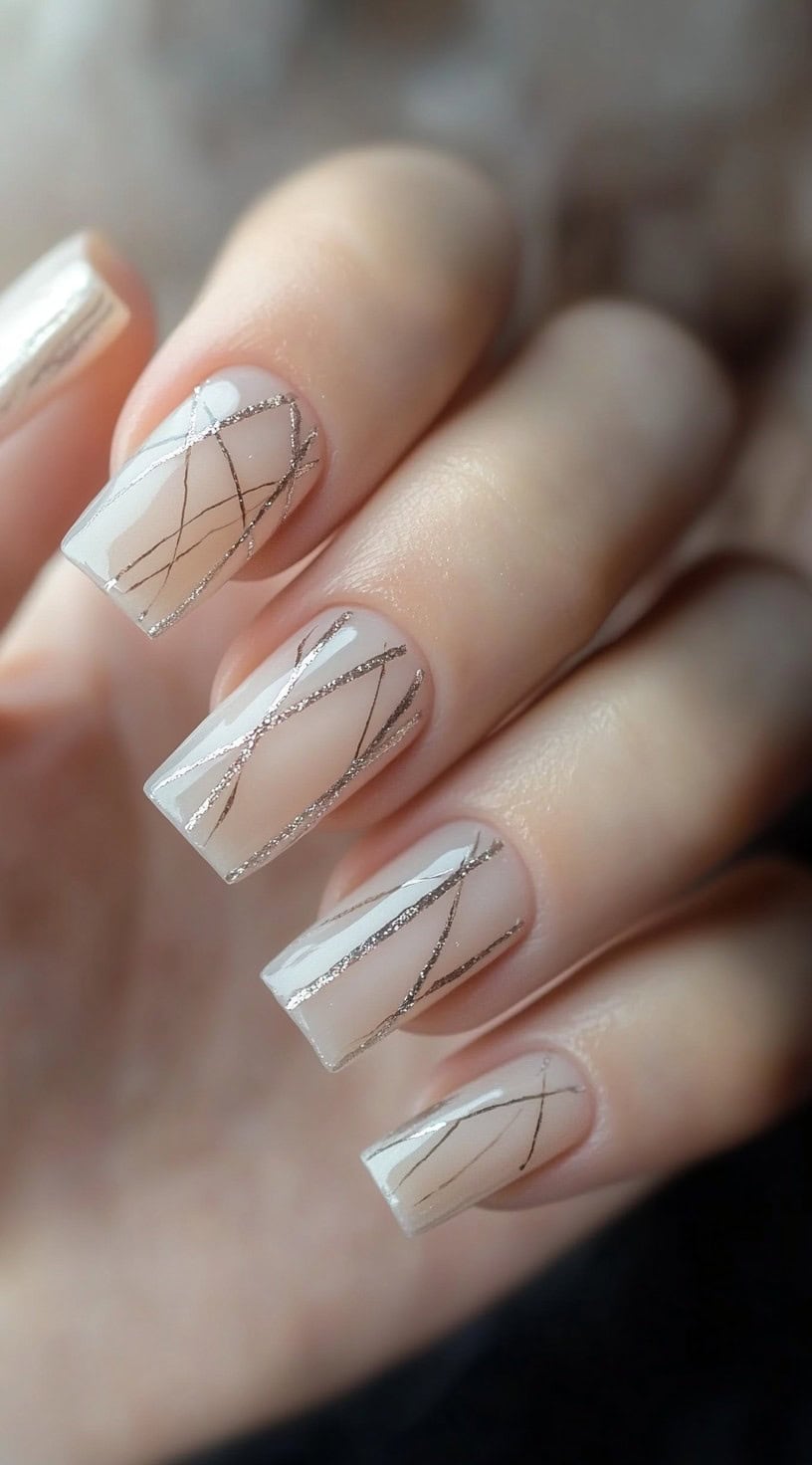 A close-up of square-shaped nails featuring a sheer nude base with thin, crisscrossing silver lines creating an elegant, minimalist design.