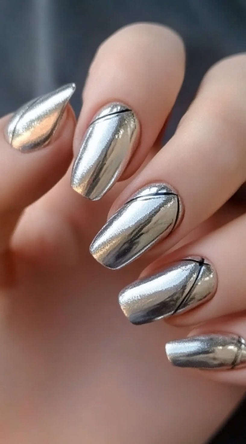 Oval-shaped nails painted in a high-gloss, mirror-like silver chrome finish, reflecting light effortlessly.