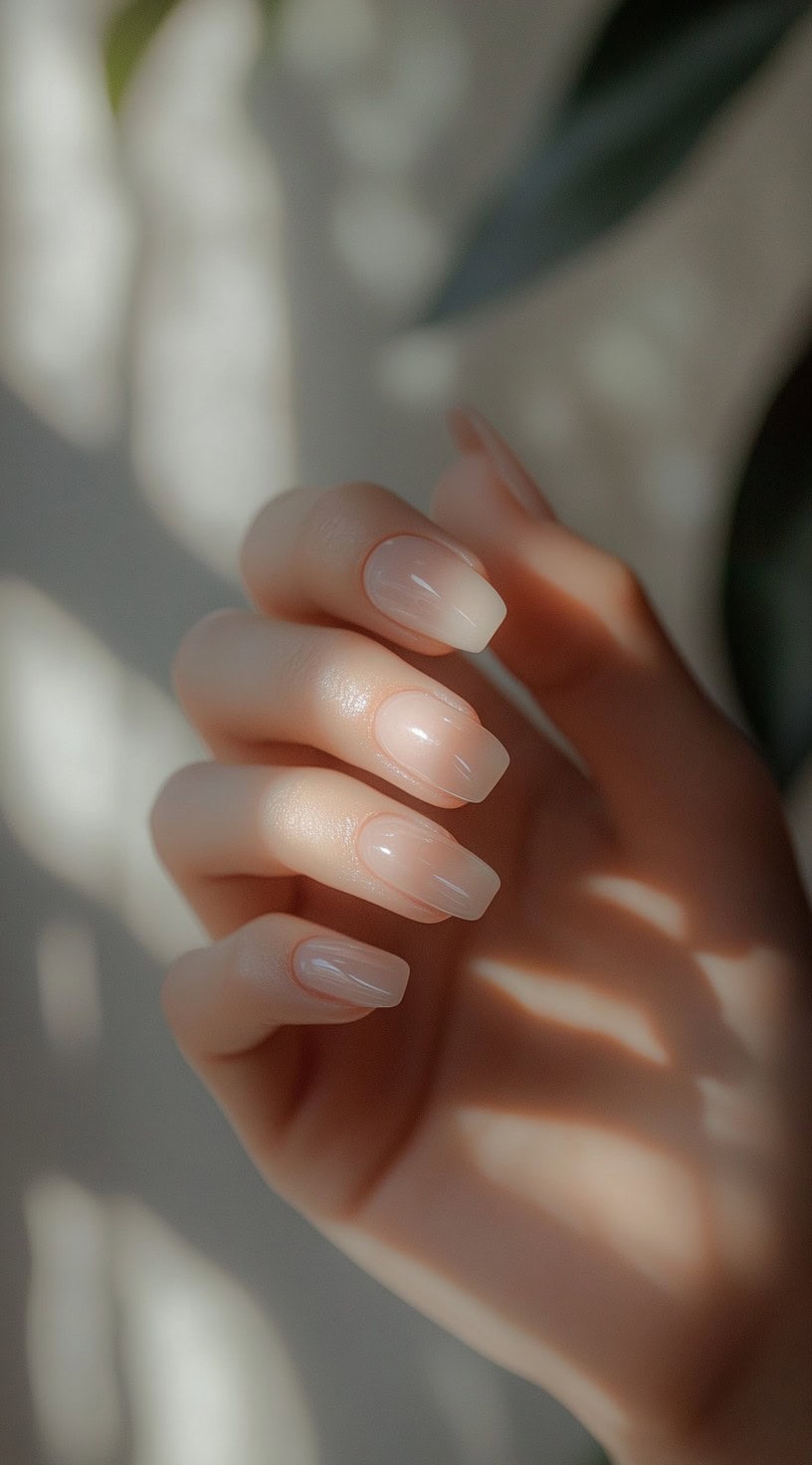 Natural-looking square nails with a sheer beige polish, giving a barely-there, effortless elegance.