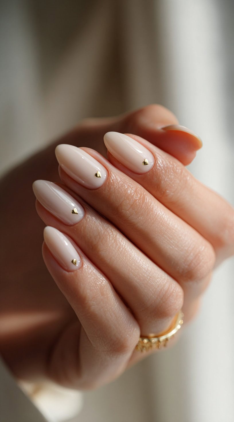 Almond-shaped nails in a milky blush tone, each nail topped with a single miniature gold heart near the cuticle.
