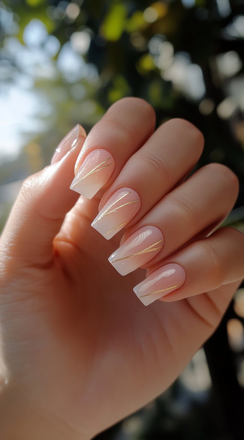 A close-up of a hand with medium-length square nails featuring a soft pink-to-white ombré base and delicate gold diagonal lines.