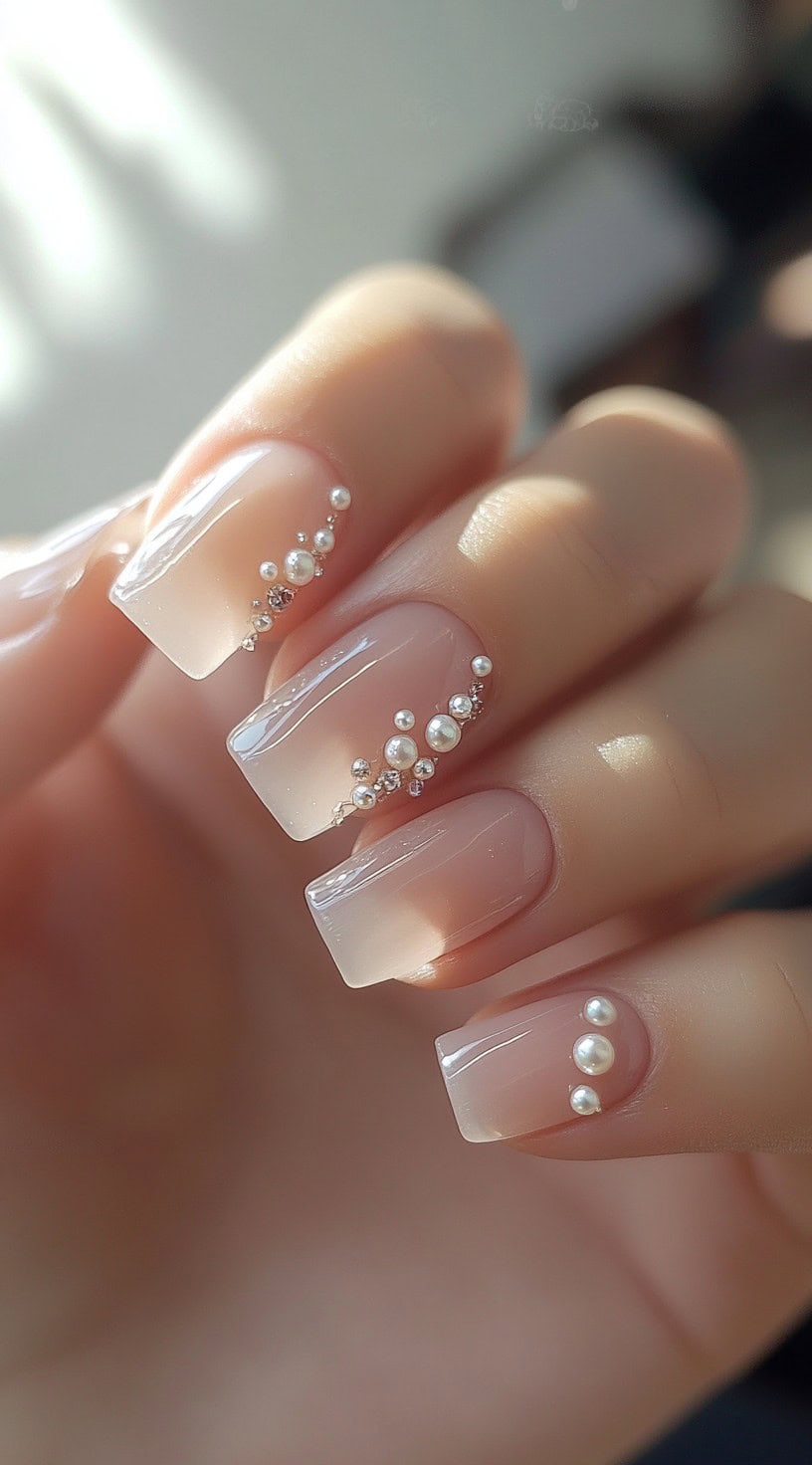 A close-up of square-shaped nails with a soft pink-to-white ombré base, decorated with small pearl and crystal embellishments along the edges.