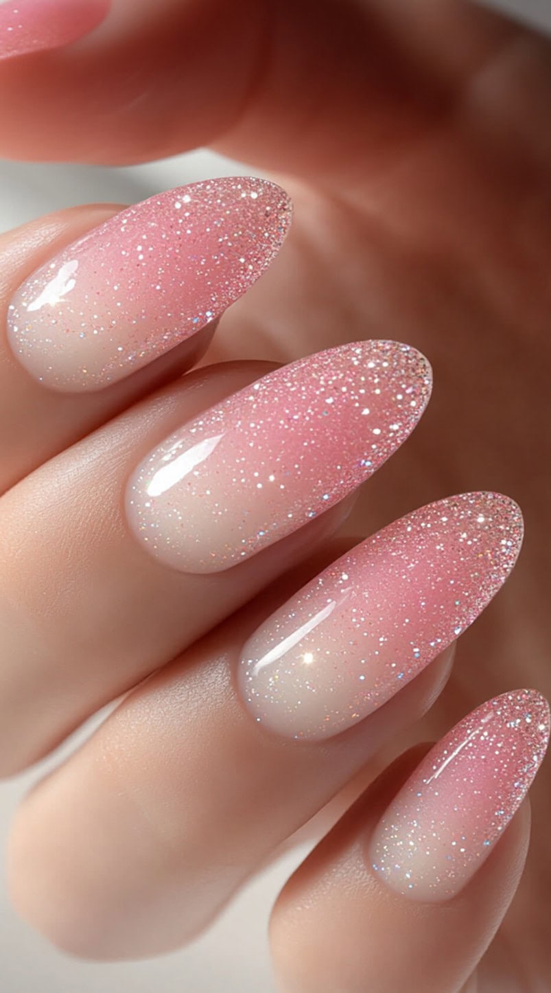 Neutral pink almond nails with a soft transition into glittery white ombre tips.