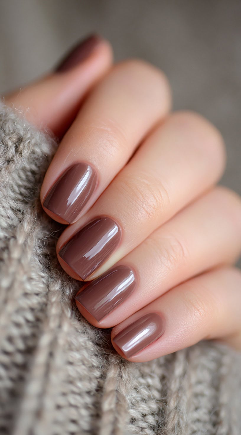 Short square nails in a soft, slightly muted mocha-toned chocolate polish with a glossy finish.