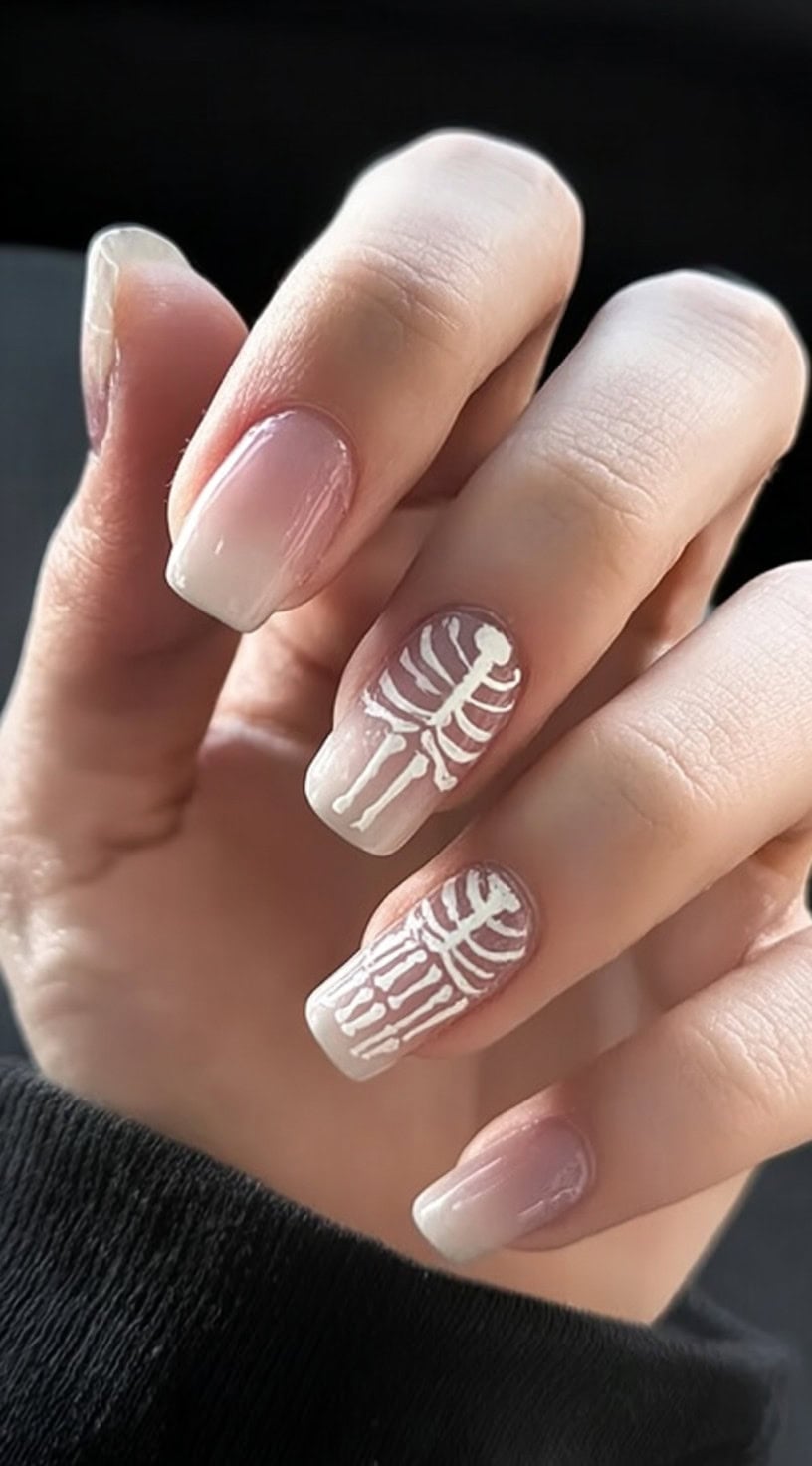 Medium-length square nails with a nude-to-white ombre base and delicate white rib cage art on two accent fingers.