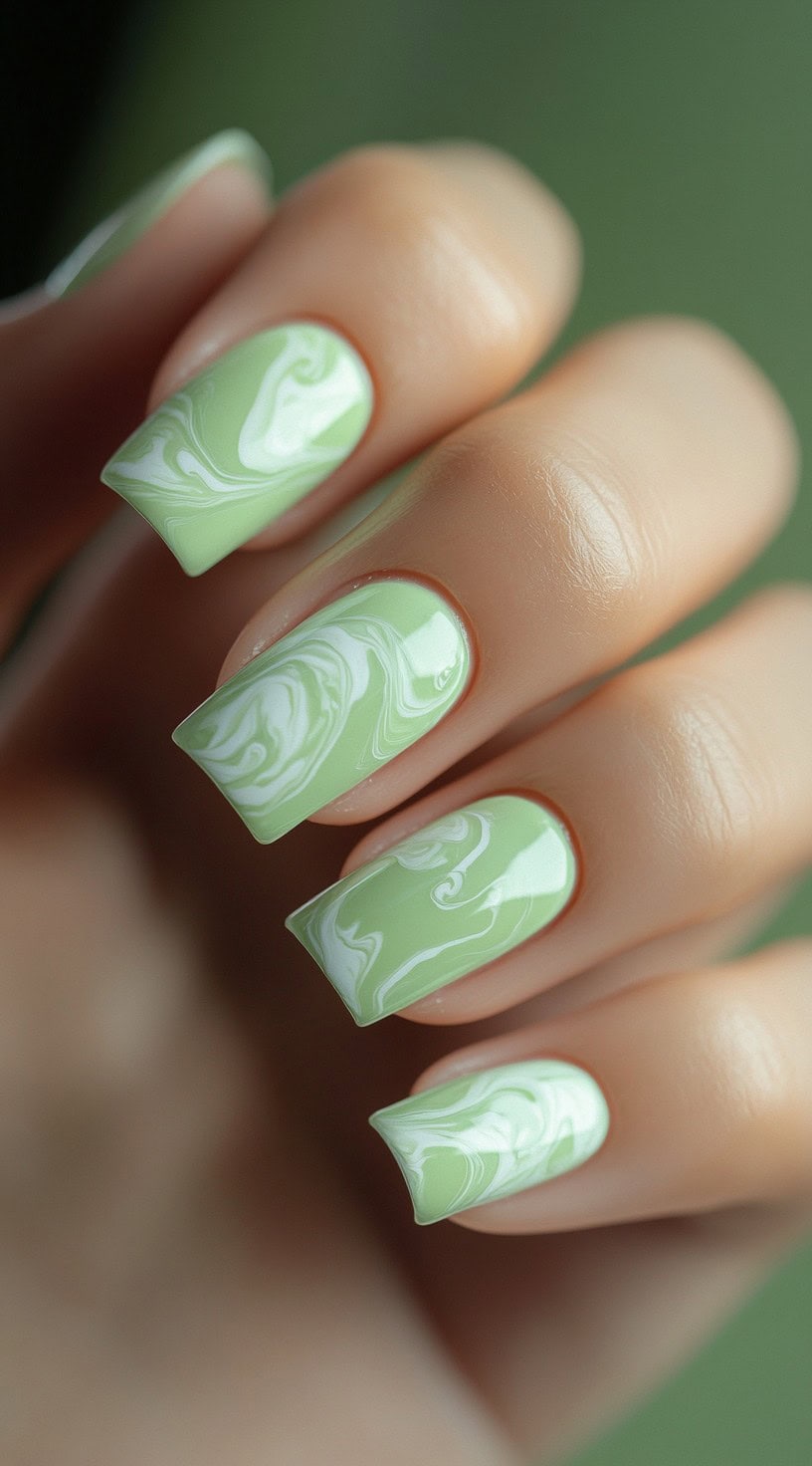 A set of square-shaped nails featuring a soft green and white marble swirl effect, creating a modern and fluid aesthetic.