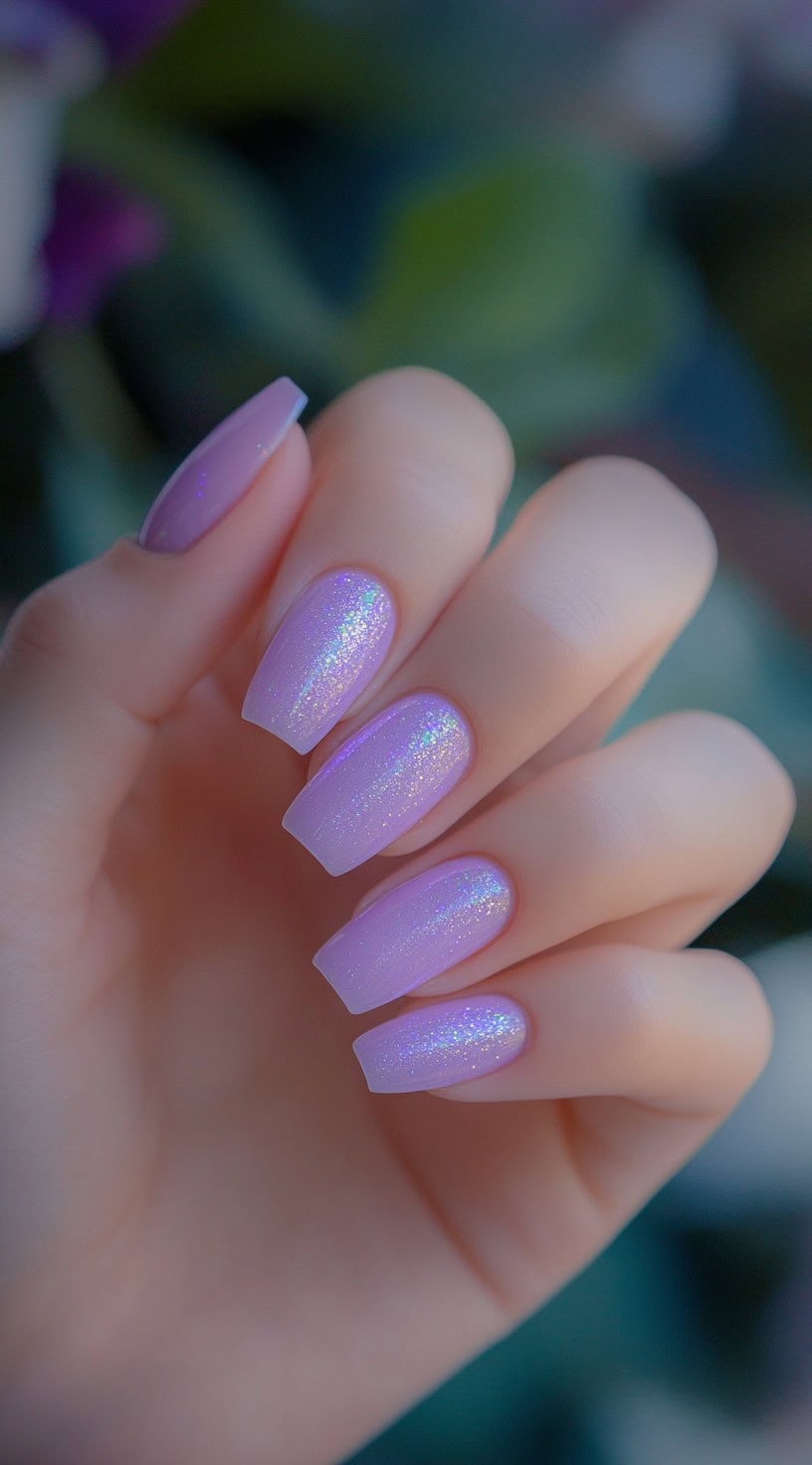 Square-shaped nails with a soft lavender hue, featuring an iridescent shimmer that reflects light.