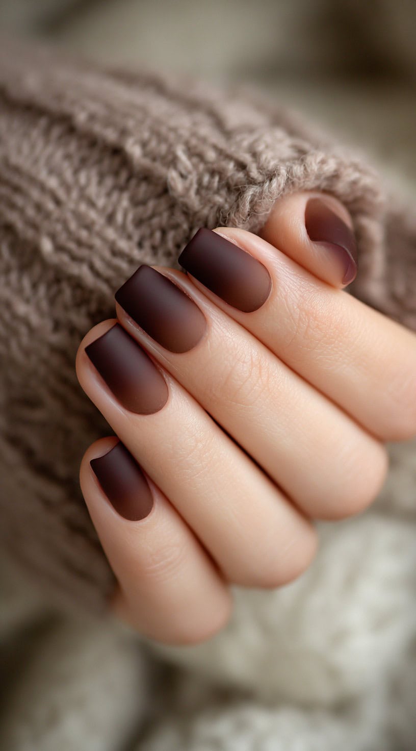 Short square nails with a matte chocolate ombré fade from dark tips to lighter base.