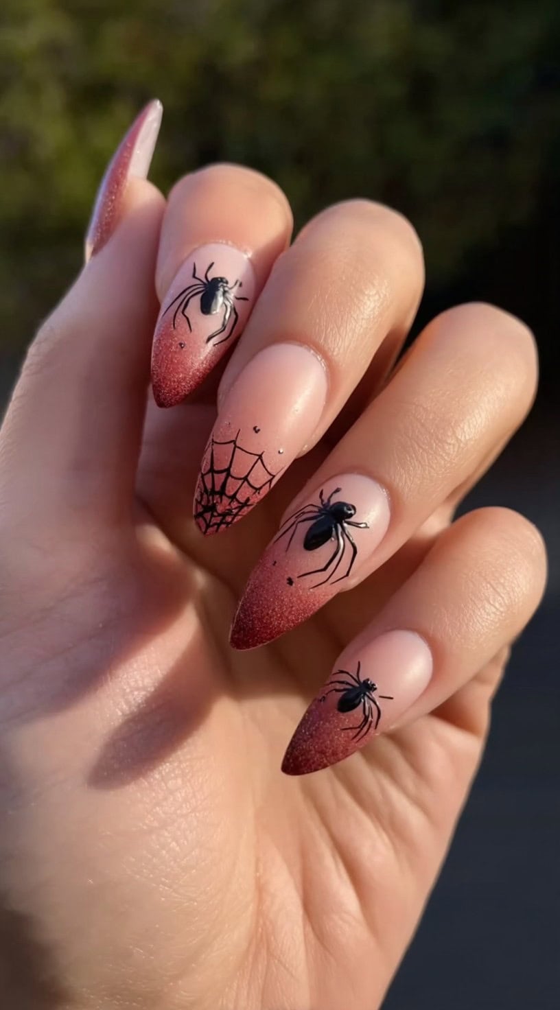 A hand with almond-shaped nails featuring a nude-to-red gradient and small black spiders crawling over webbed accents.