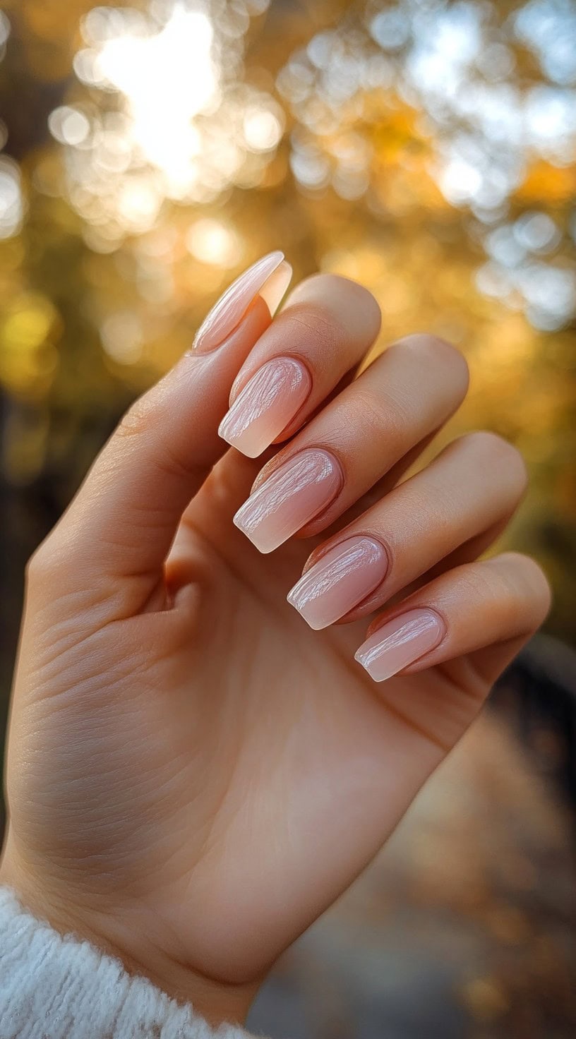 A hand with square-shaped nails featuring a soft peach ombre effect, transitioning from a sheer nude base to a glossy, pastel peach tip.