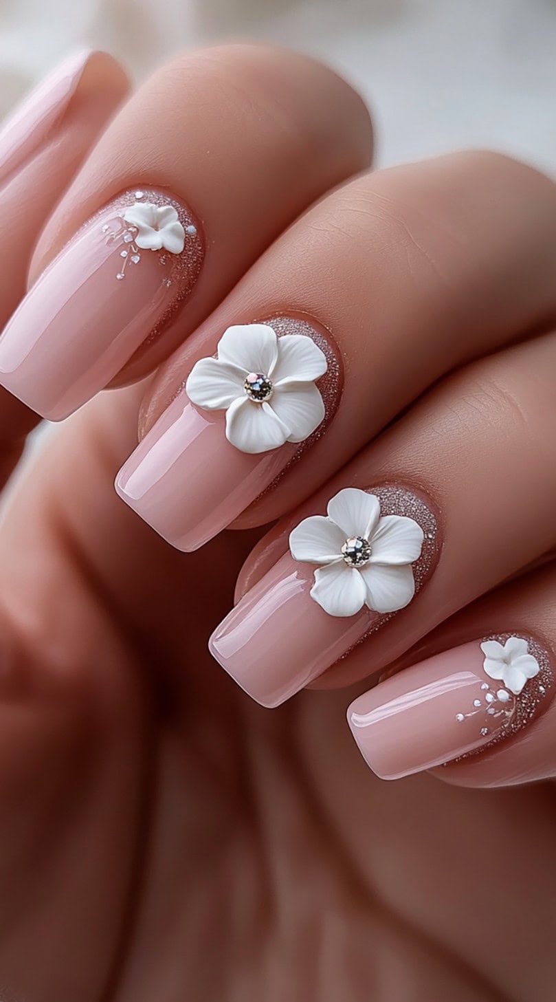 A set of soft pink, square-shaped nails with delicate 3D white flowers and rhinestone centers.