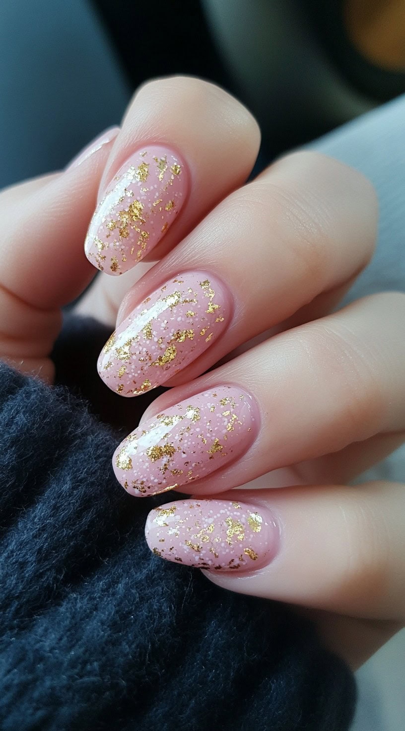 A close-up of almond-shaped nails with a soft pink base and scattered gold foil flakes for a luxurious effect.