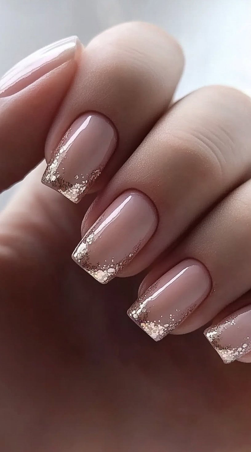 A set of short, square-shaped nails with a soft pink base and fine glitter-dusted French tips.