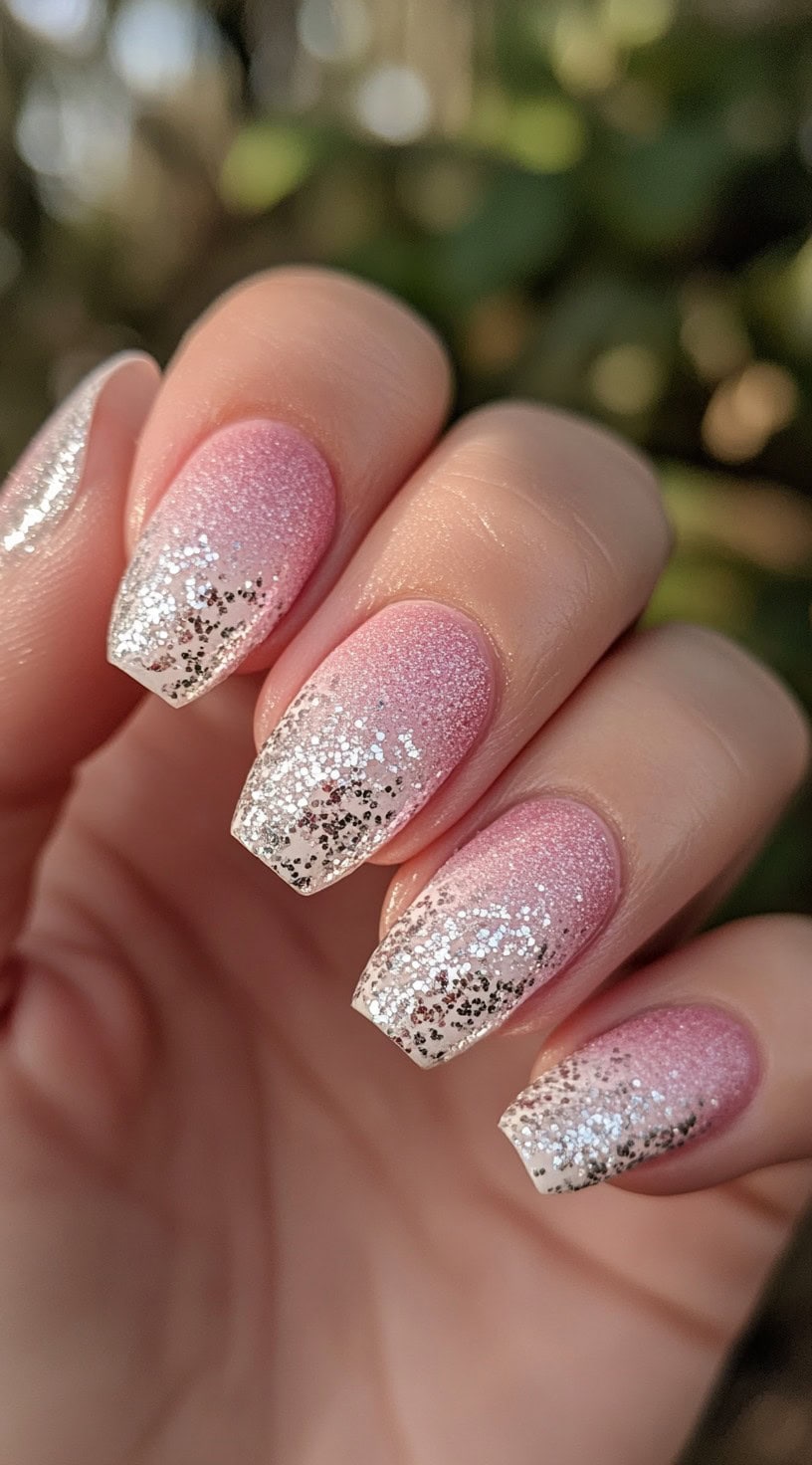 A hand with soft square nails featuring a dusty pink and white ombré layered with dense silver glitter near the tips.