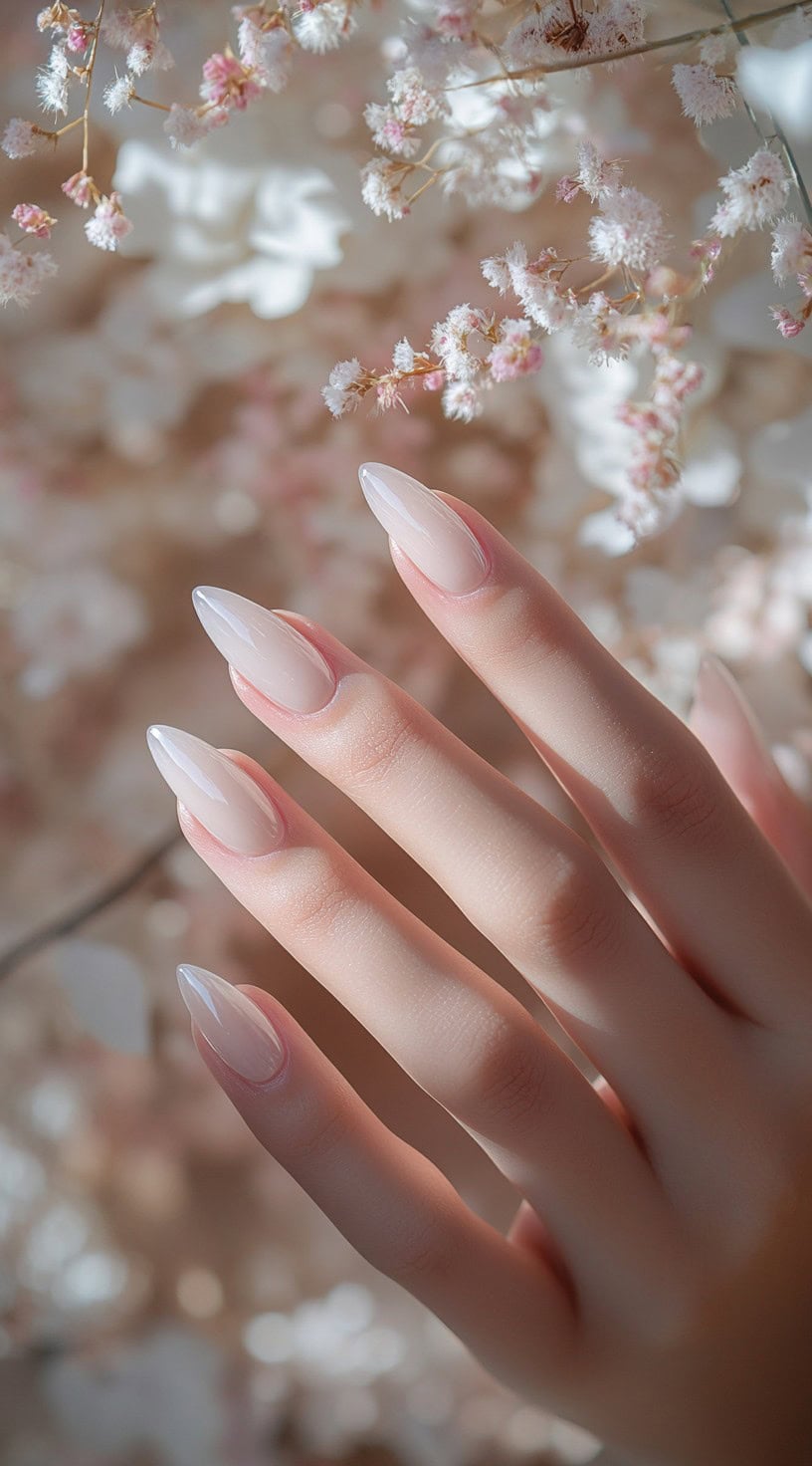 A hand with softly tapered nails painted in a seamless gradient of sheer pink hues, blending into a natural, glossy finish.