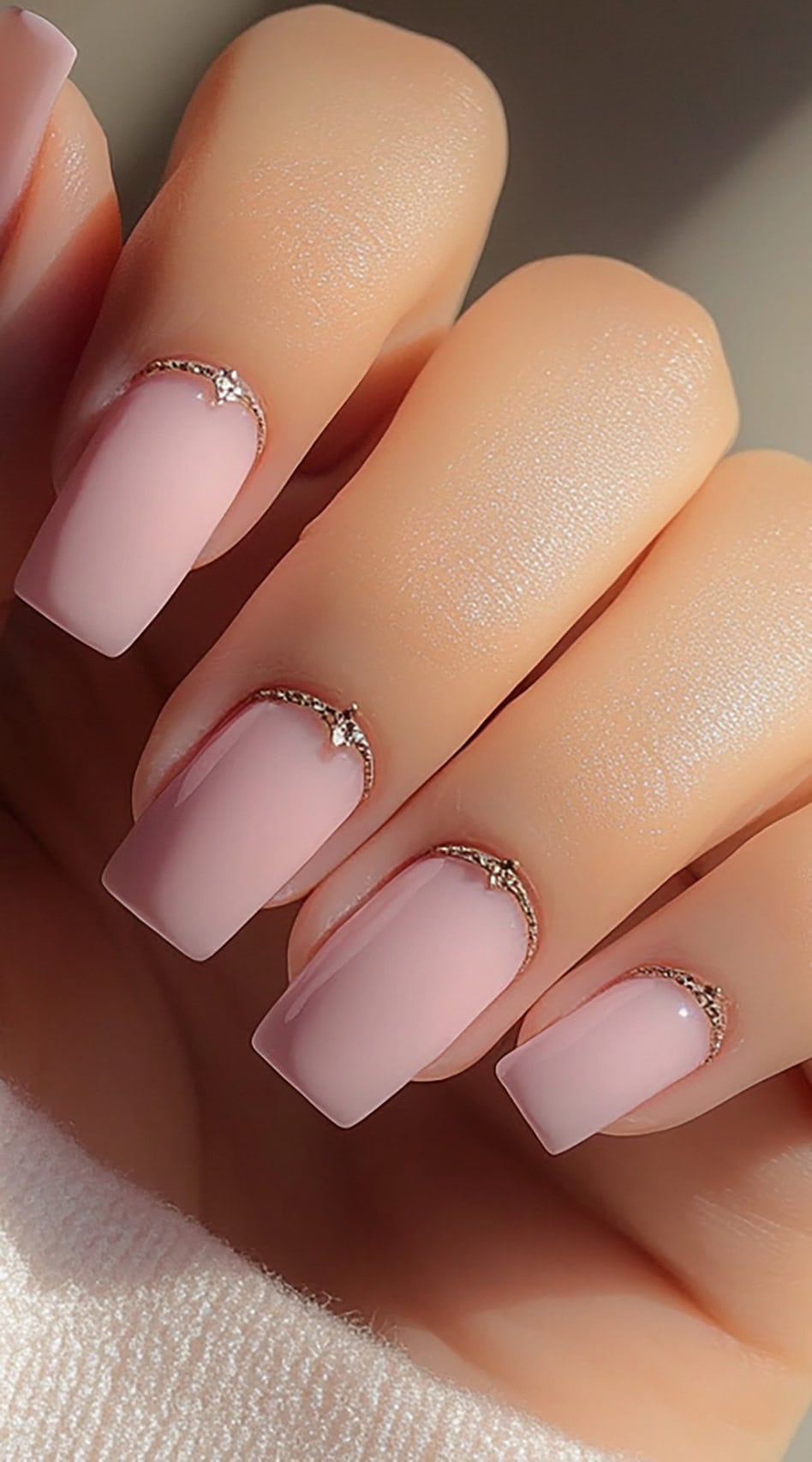 A set of square-shaped soft pink nails featuring dainty gold embellishments along the cuticles.