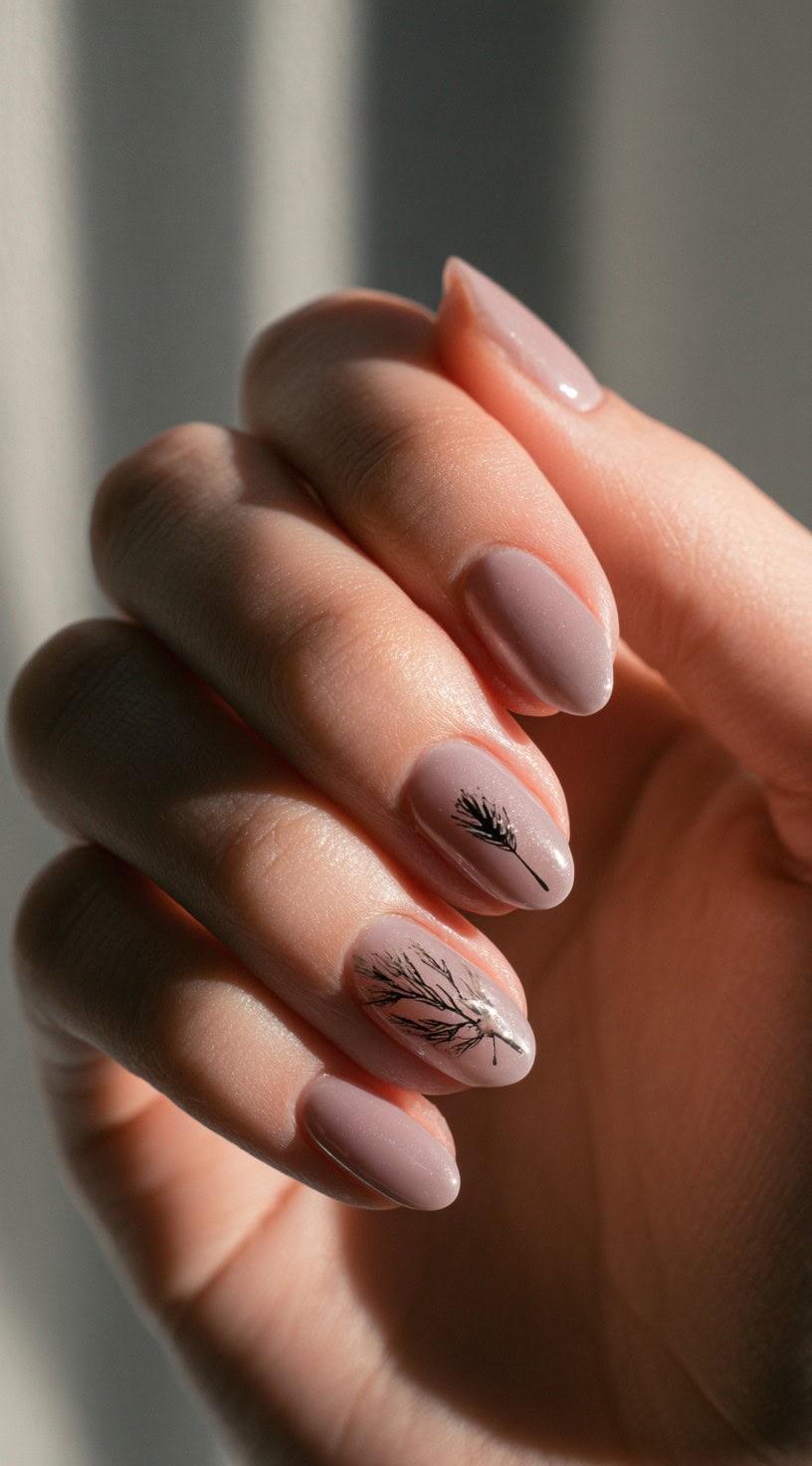 Round-shaped light pink nails with two accent nails showing delicate black herbal branch designs.