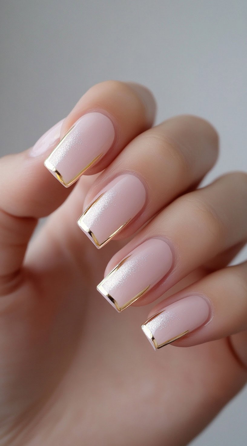 A set of square-shaped nails with a soft pink base, featuring thin metallic gold accents framing the tips.