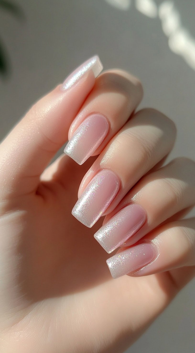 A set of soft pink square-shaped nails with a subtle shimmer ombre effect, fading to a glossy white tip.