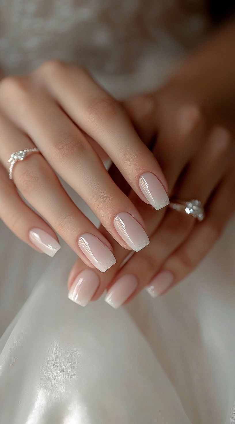 A close-up of a bride's hands with short square-shaped nails featuring a delicate French ombré effect, fading from sheer pink to soft white tips.