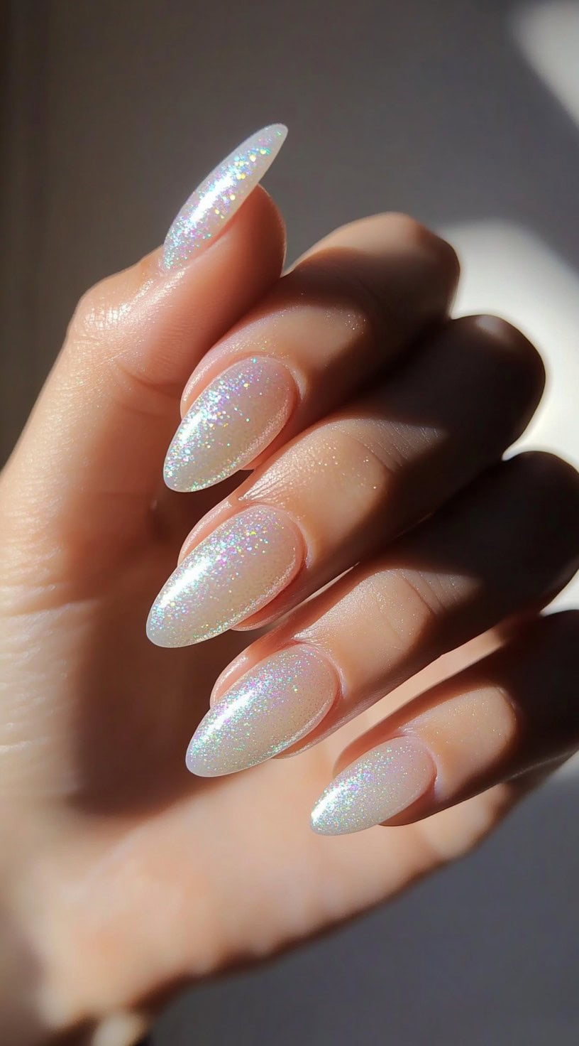 A close-up of almond-shaped nails with a soft white base and a delicate dusting of iridescent shimmer reflecting pastel hues.