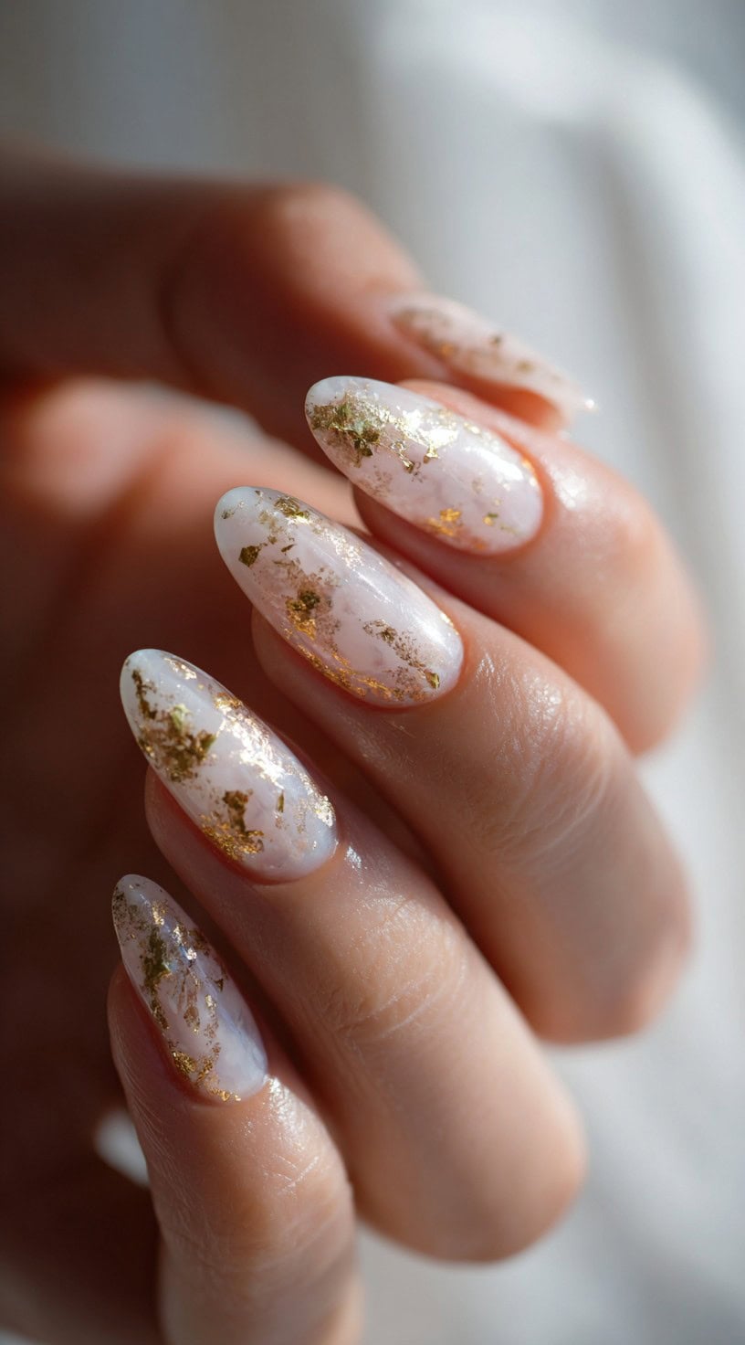 White marble-inspired nails with sheer pink undertones, decorated with irregular gold leaf flecks scattered across the surface.