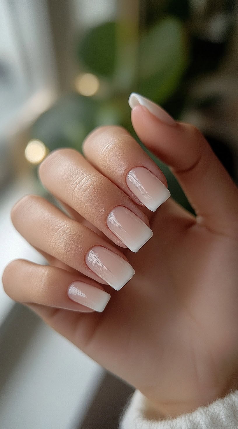 A hand featuring square-shaped nails with a natural nude base that softly fades into a crisp white ombre tip.