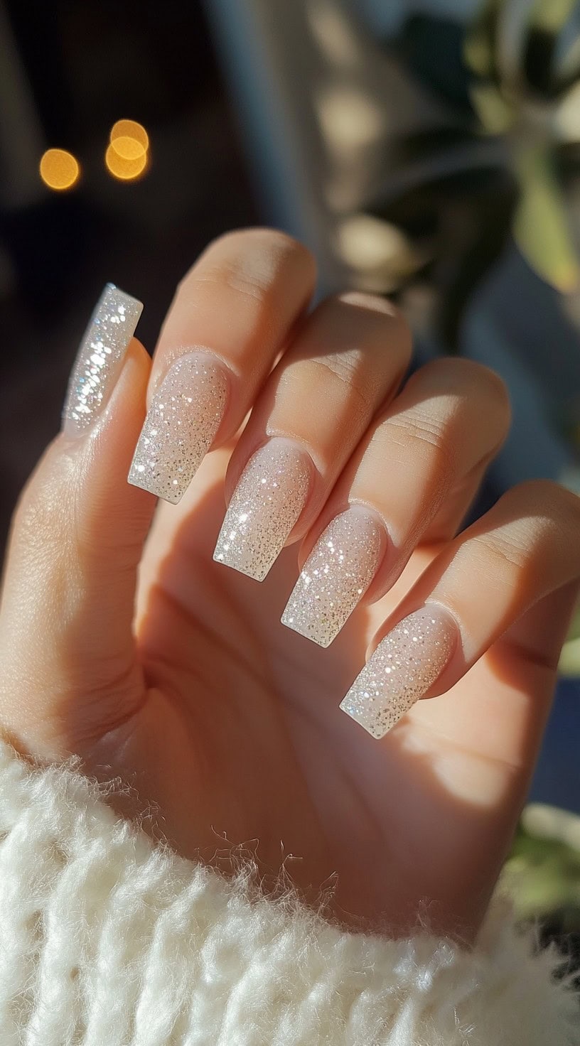 A hand showcasing long coffin-shaped nails with a nude base covered in fine silver glitter, sparkling under warm lighting.