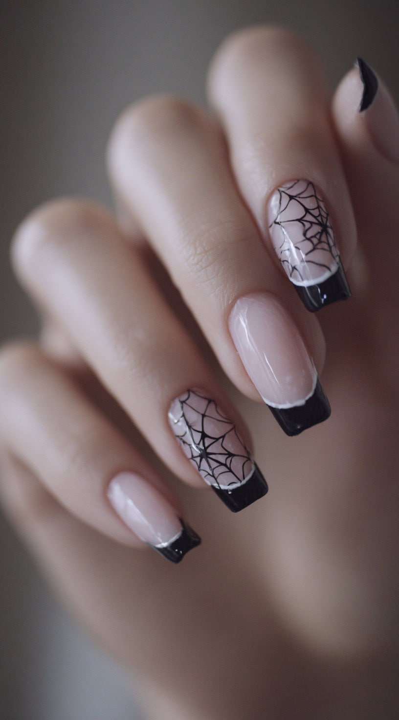 A hand with sheer pink coffin nails featuring black French tips and spiderweb designs.