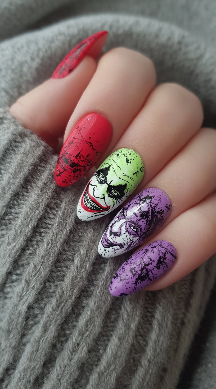 A set of almond nails painted in red, green, and purple with distressed black overlays and detailed villain faces on the middle fingers.