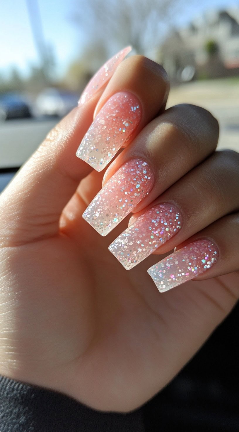A hand with square-shaped nails in a pink and white ombré style, layered with chunky iridescent glitter across the entire nail.
