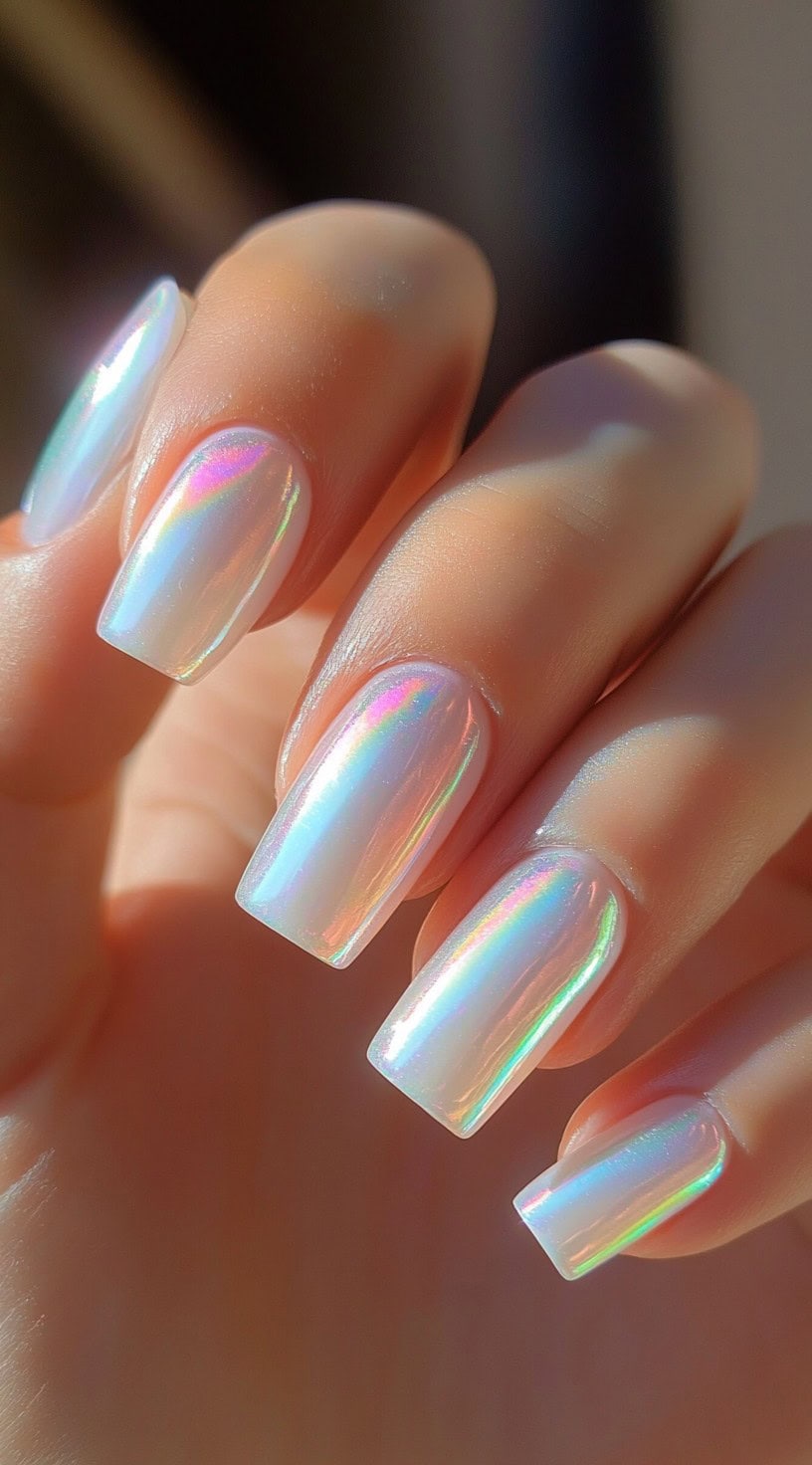 Five square nails painted in an iridescent white chrome that reflects rainbow tones in the light.