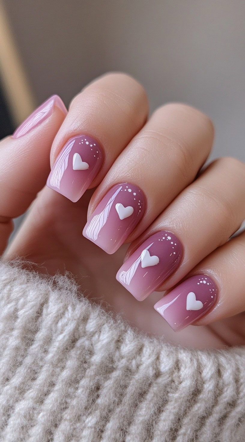 Square-shaped nails featuring a soft pink to purple ombre base with white heart details and delicate dotted accents.