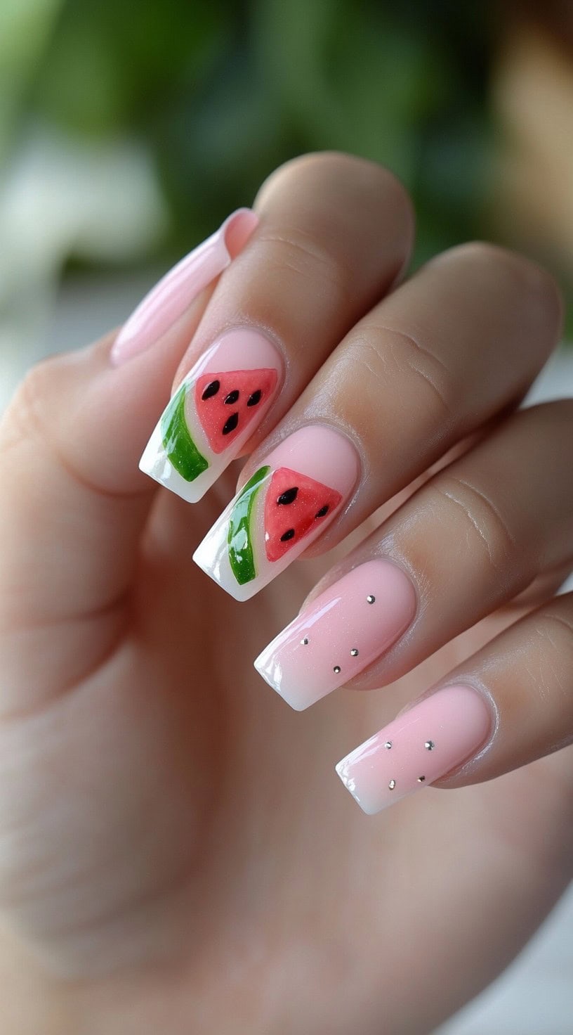 Square nails painted in soft pink with watermelon slice art on two accent nails and rhinestone dots on the others.