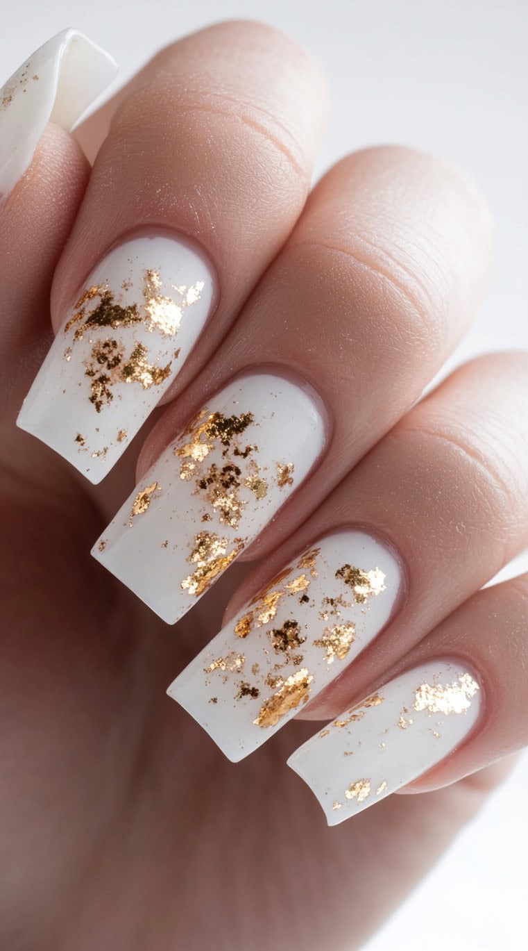 A close-up of white gel nails in a square shape, featuring artistic gold foil flakes that add a touch of opulence and elegance.