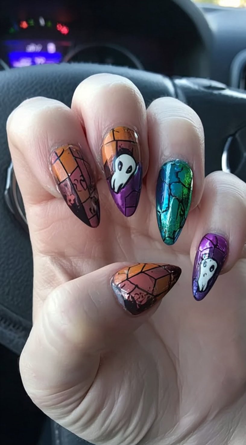 A hand with almond-shaped nails in stained-glass style with black outlines, colorful panes, and white ghost accents.