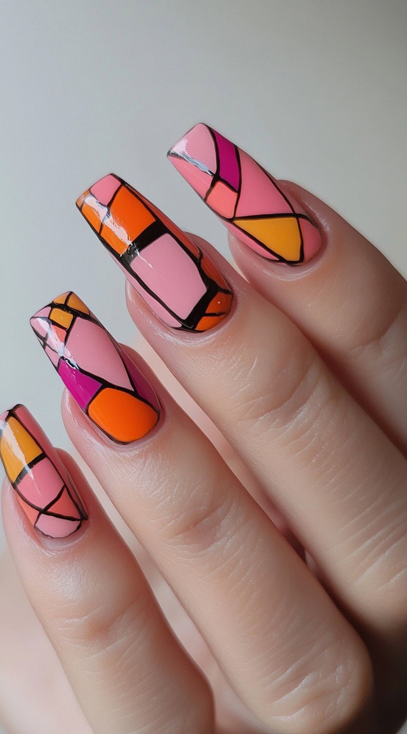 Long square nails with geometric panels in pink, orange, peach, and black, resembling a stained glass effect.
