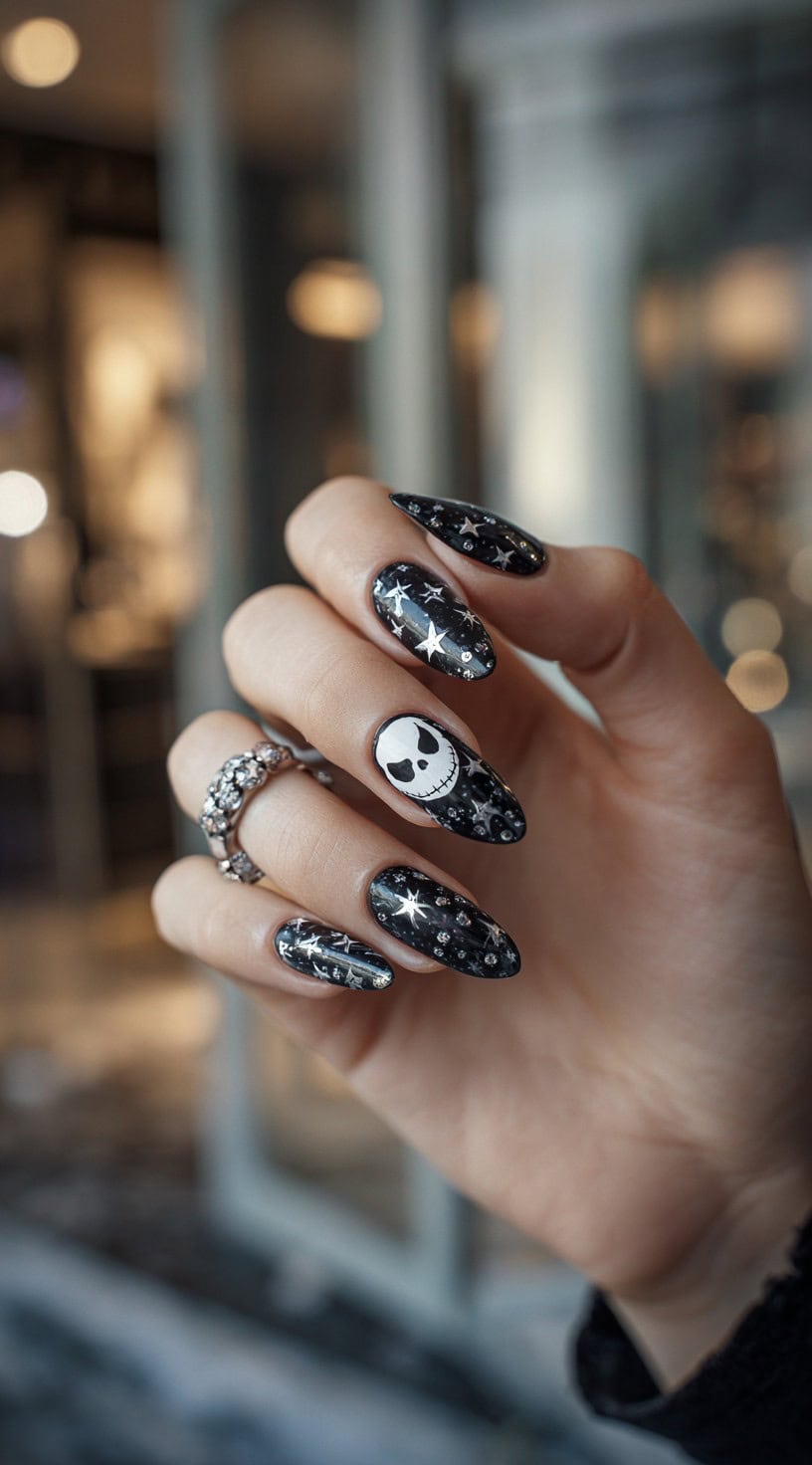 Long almond nails painted black with silver stars and rhinestones, with a central Jack Skellington face accent.