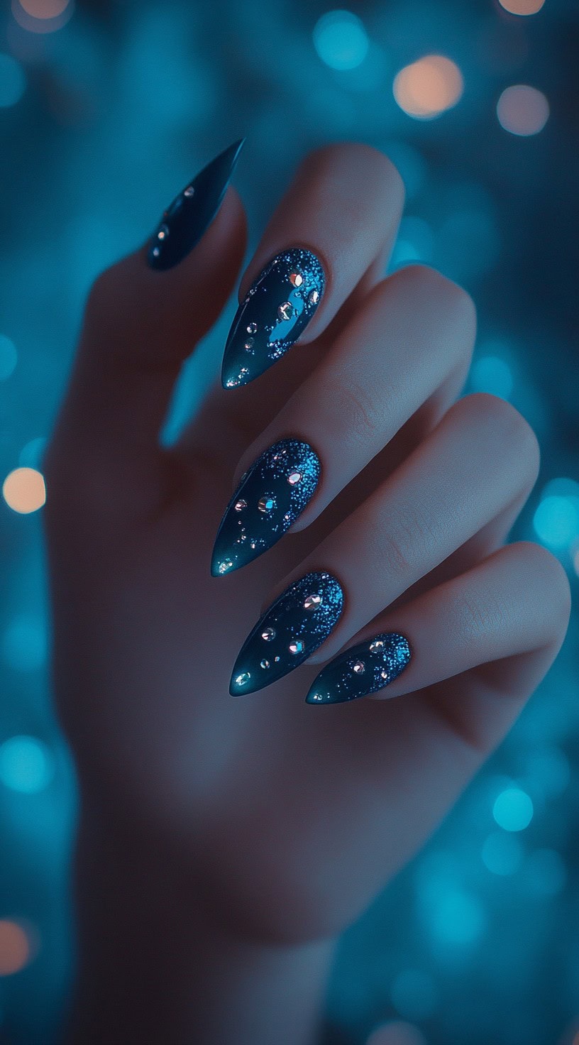 Sharp stiletto-shaped nails in a deep blue shade with glitter and crystal embellishments.