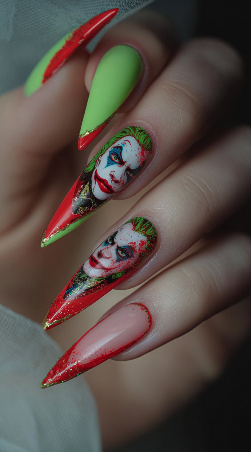 Long stiletto nails with neon green and red tips, featuring detailed Joker face portraits on two nails.