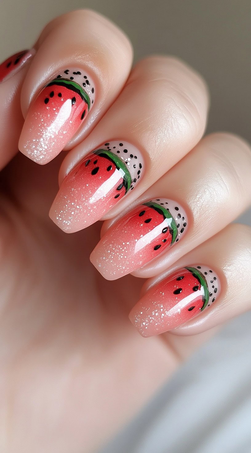 Square nails with a soft pink-to-red gradient, glittery tips, and delicate watermelon rind detailing near the cuticle.