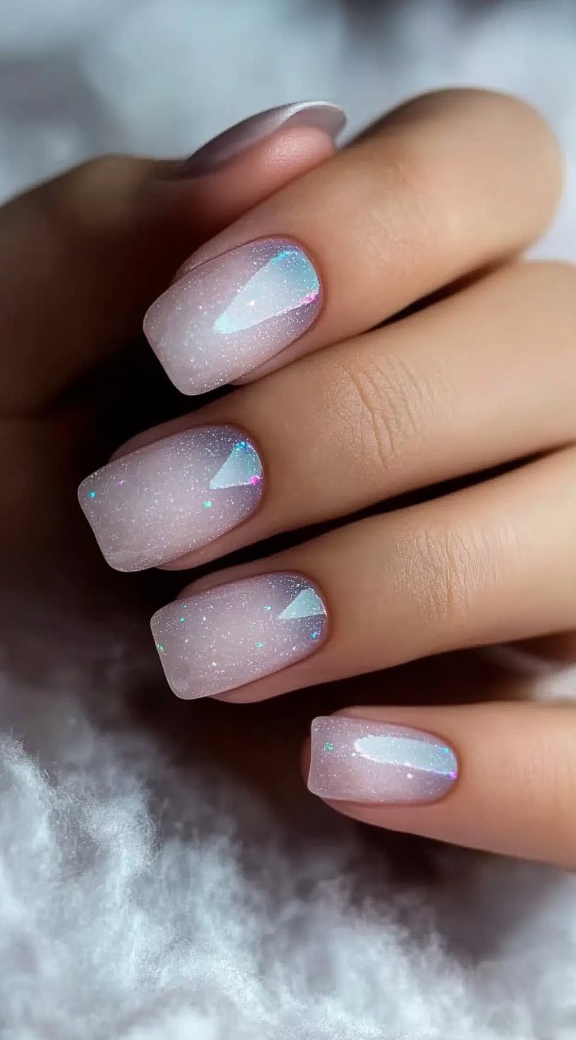 A close-up of short sheer nails with a soft milky-white base and delicate holographic shimmer for a dreamy, modern bridal manicure.