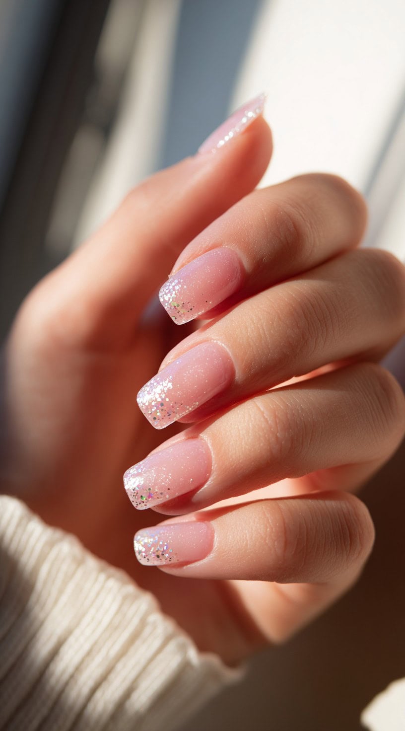 Square-shaped nails in a sheer baby pink hue, featuring soft confetti glitter fading from the tips downward.