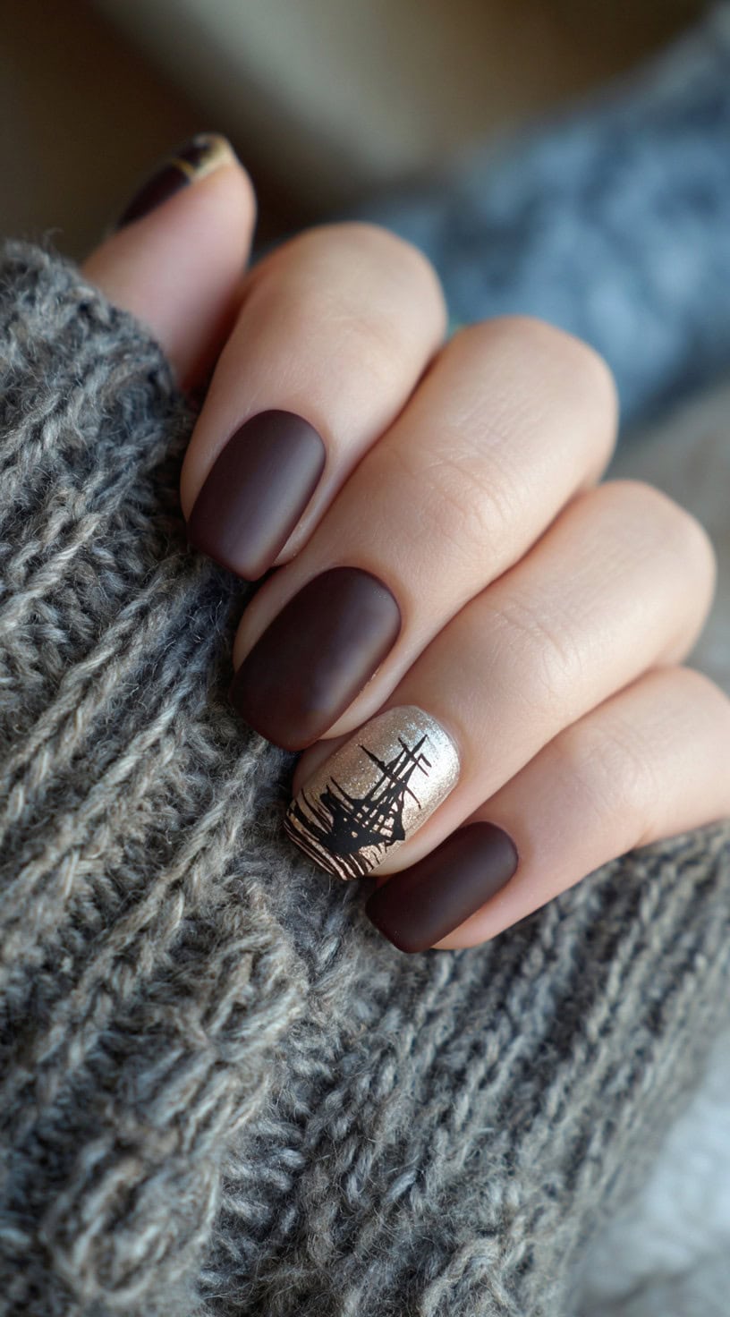 Matte brown nails are paired with one champagne accent nail featuring a fine black silhouette of a pirate ship.
