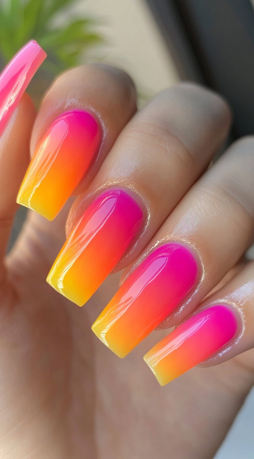 A close-up of long coffin-shaped nails with a smooth ombre gradient transitioning from hot pink to bright orange and yellow.