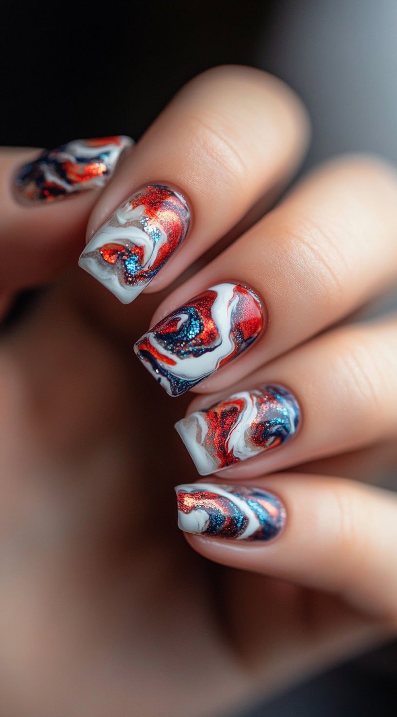 Square-shaped nails with a swirling marble design in red, white, and blue with hints of glitter.